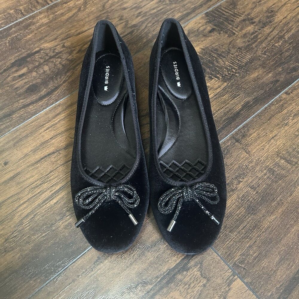 Birdies Women's The Hummingbird 30 Black Velvet Pumps Size 8 Chunky Heel Bow